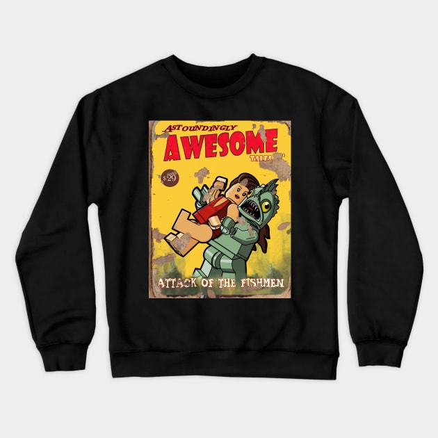 LEGO Fallout "Attack of the Fishmen" Magazine Cover Crewneck Sweatshirt by schultzstudio